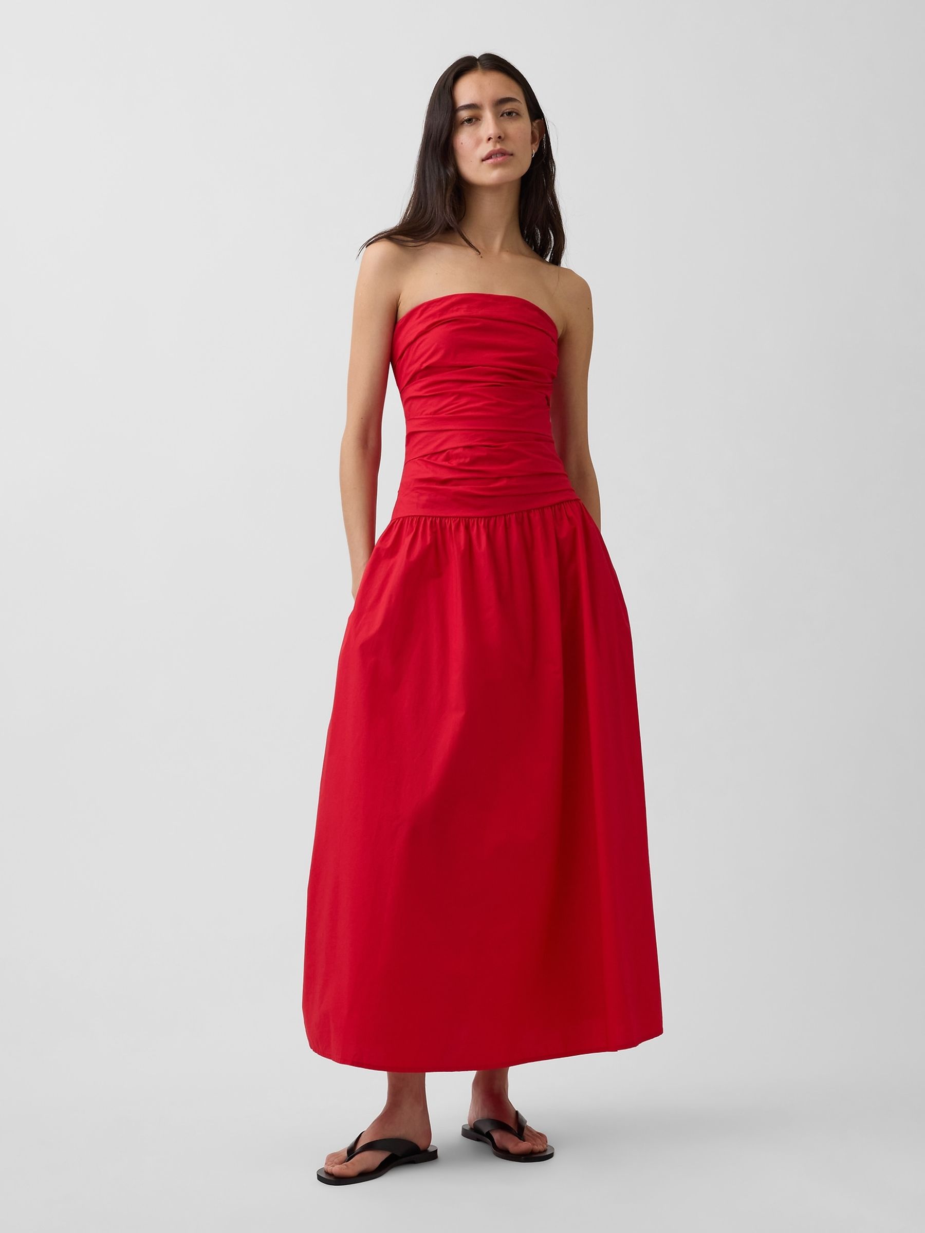 Red Poplin Drop-Waist Maxi Dress