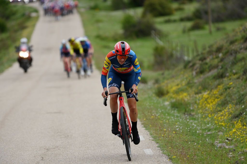 CANICOSA DE LA SIERRA SPAIN MAY 19 Lucinda Brand of The Netherlands and Team Lidl Trek attacks during the 9th Vuelta a Burgos Feminas 2024 Stage 4 a 122km stage from Pearanda de Duero to Canicosa de la Sierra 1144m UCIWWT on May 19 2024 in Canicosa de la Sierra Spain Photo by Alex BroadwayGetty Images