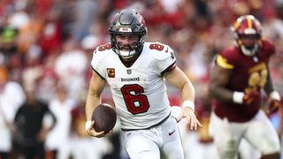 Baker Mayfield #6 of the Tampa Bay Buccaneers carries the ball ahead of the Lions vs Buccaneers live stream