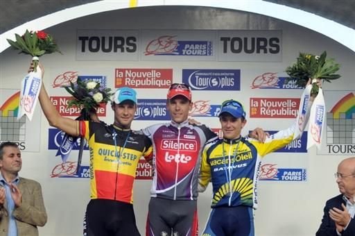 The Paris-Tours podium 2009: Tom Boonen, Philippe Gilbert and Borut Bozic.