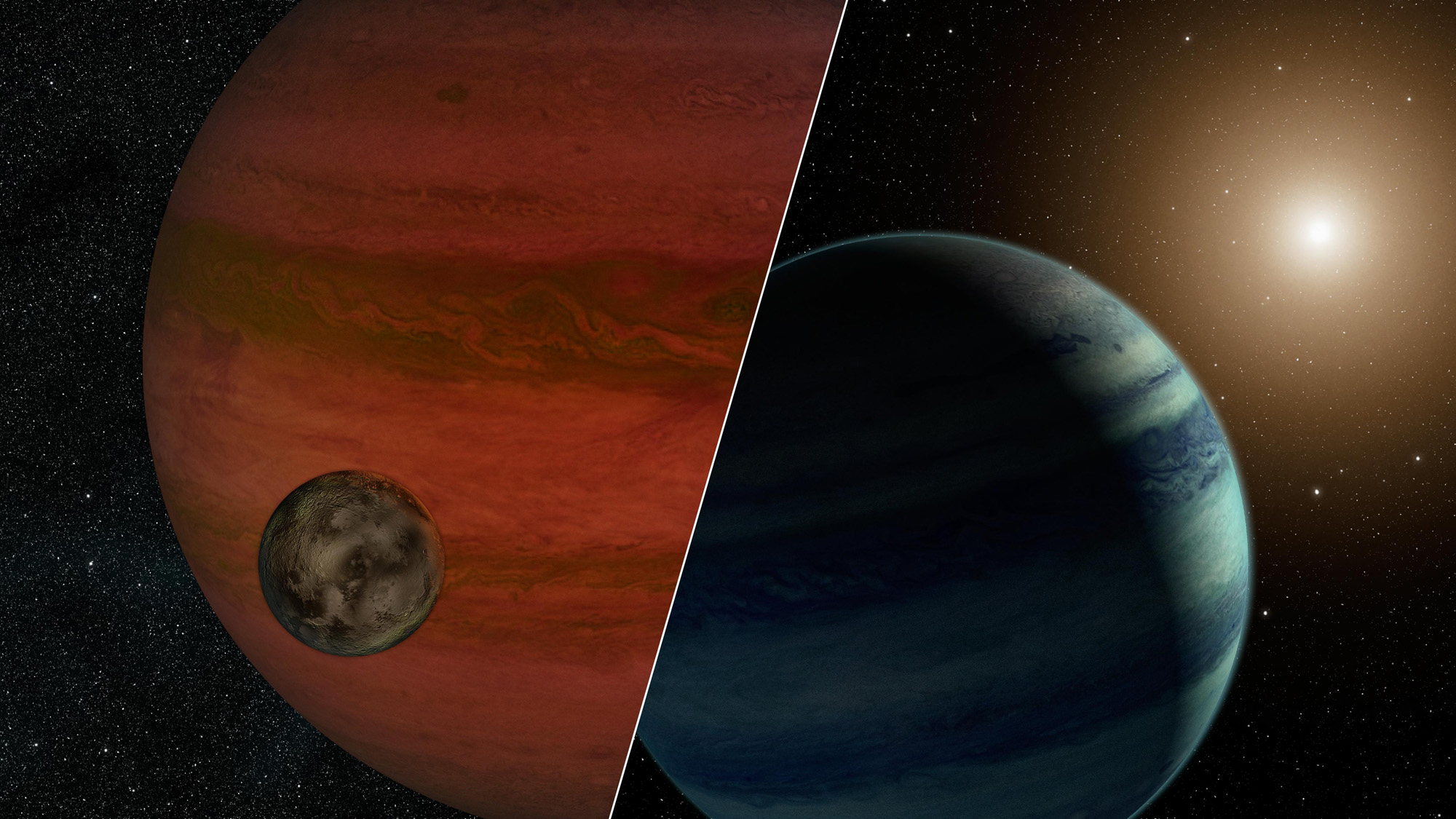 Researchers have detected the first potential &quot;exomoon&quot; candidate, a moon orbiting an alien planet beyond our solar system. This artist&#039;s illustration shows a possible view of the exomoon (left) and a version of the system if it is actually a star and pla