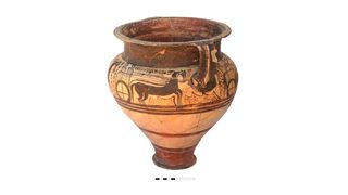 A large vessel with war chariots from Greece, dating to about 1350 B.C. The ceramic vessels found in the tombs, particularly those imported from Greece and Crete, are decorated with painted scenes of horse-drawn chariots, individuals carrying swords, animals and flowers.