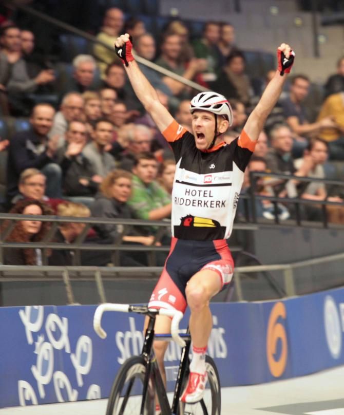Michael Morkov celebrates after he and Alex Rasmussen finished off night 1 with the Madison win
