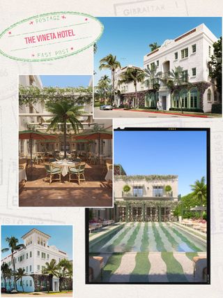 A collage of four images depicting the pool, outside restaurant, and exterior building of a new Palm Beach hotel.