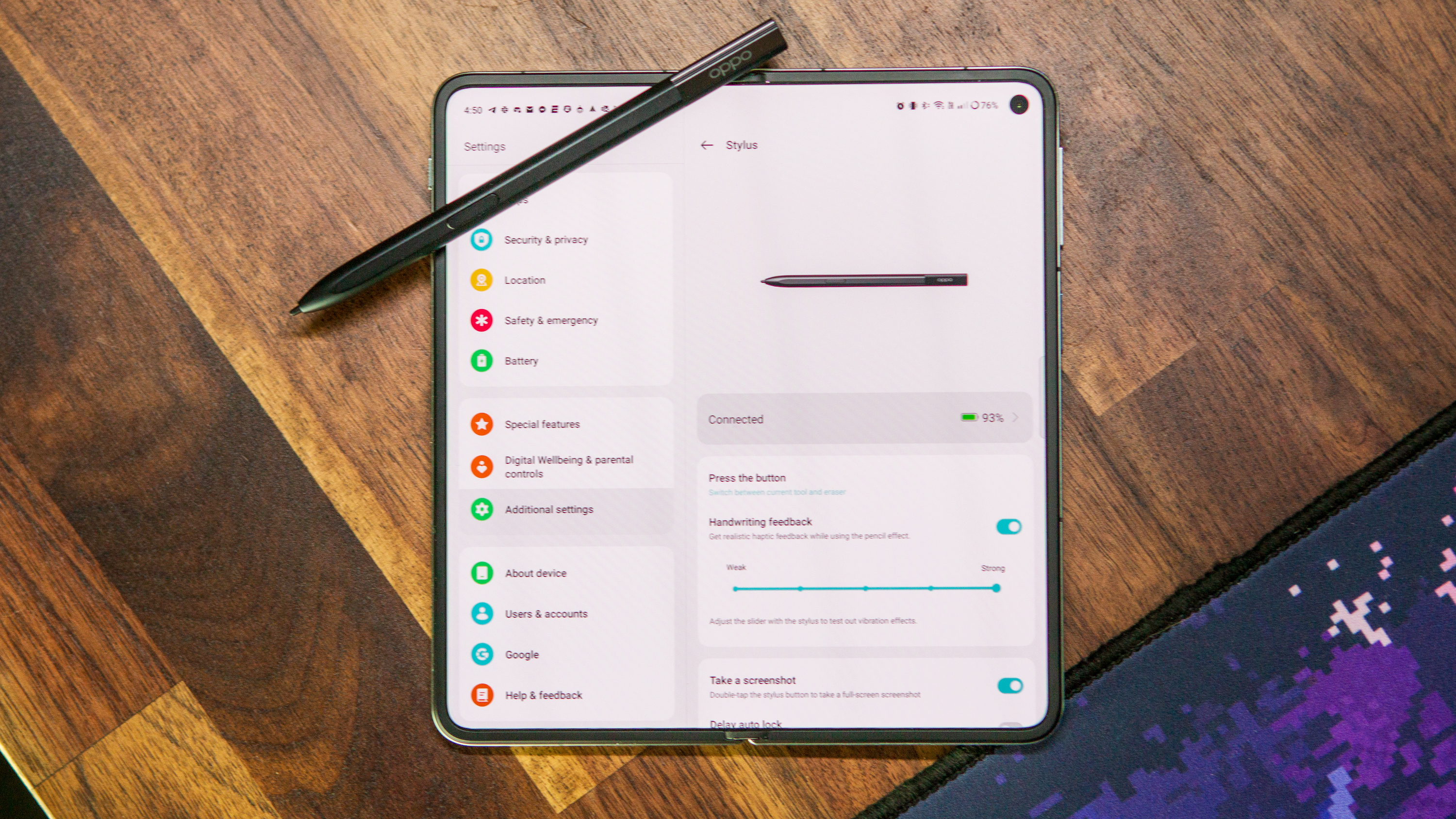 Stylus settings for Oppo Pen on OnePlus Open