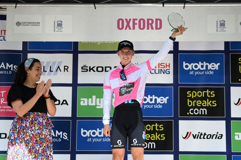 OXFORD ENGLAND JUNE 11 Lorena Wiebes of Netherlands and Team DSM pink points leader jersey celebrates at podium after the 8th The Womens Tour 2022 Stage 6 a 1429km stage from Chipping Norton to Oxford WomensTour UCIWWT on June 11 2022 in Oxford England Photo by Justin SetterfieldGetty Images