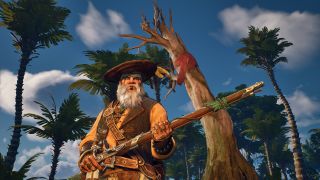 A pirate in front of a tree with a red scarf tied around it