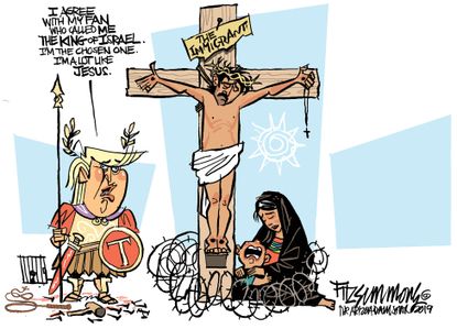 Political Cartoon U.S. Trump Chosen One Jesus Roman Soldier Pontius Pilate