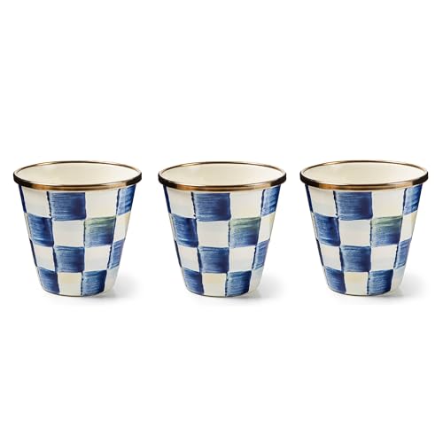 Mackenzie-Childs Enamel Herb Pots, Small Plant Pots for Herbs or Flowers, Set of 3, Blue-And-White Royal Check