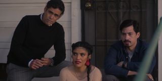 (L-R) Manuel Uriza as Ernesto, Karrie Martin as Ana, Carlos Santos as Chris in Gentefied Season 2