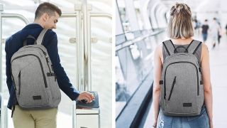 Mancro Anti-Theft Backpack being worn by a man and a woman