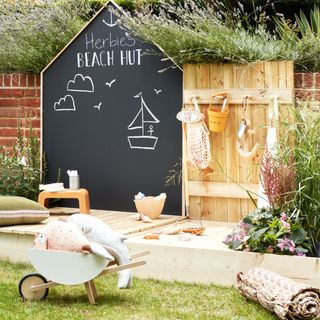 Sandpit and garden play area with outdoor blackboard