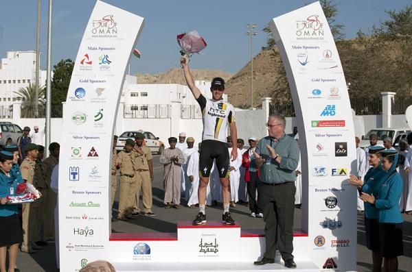 Stage two winner Matt Goss (HTC - Highroad) on the podium.