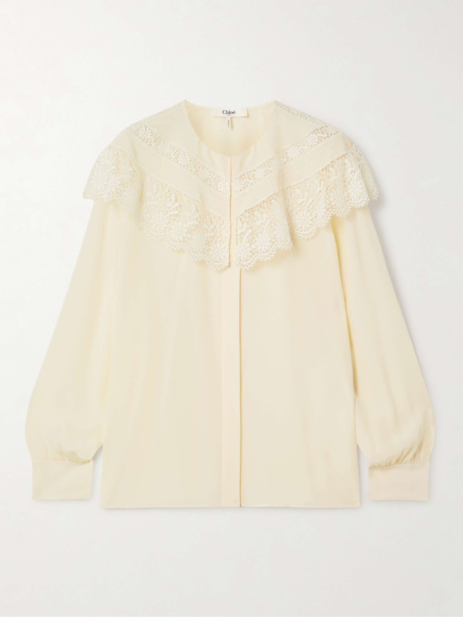 Lace-Trimmed Organic Silk Crepe De Chine Blouse