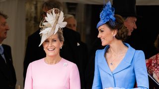 Duchess Sophie and the Princess of Wales smile at each other as they attend the Order Of The Garter Service at St George's Chapel on June 13, 2022