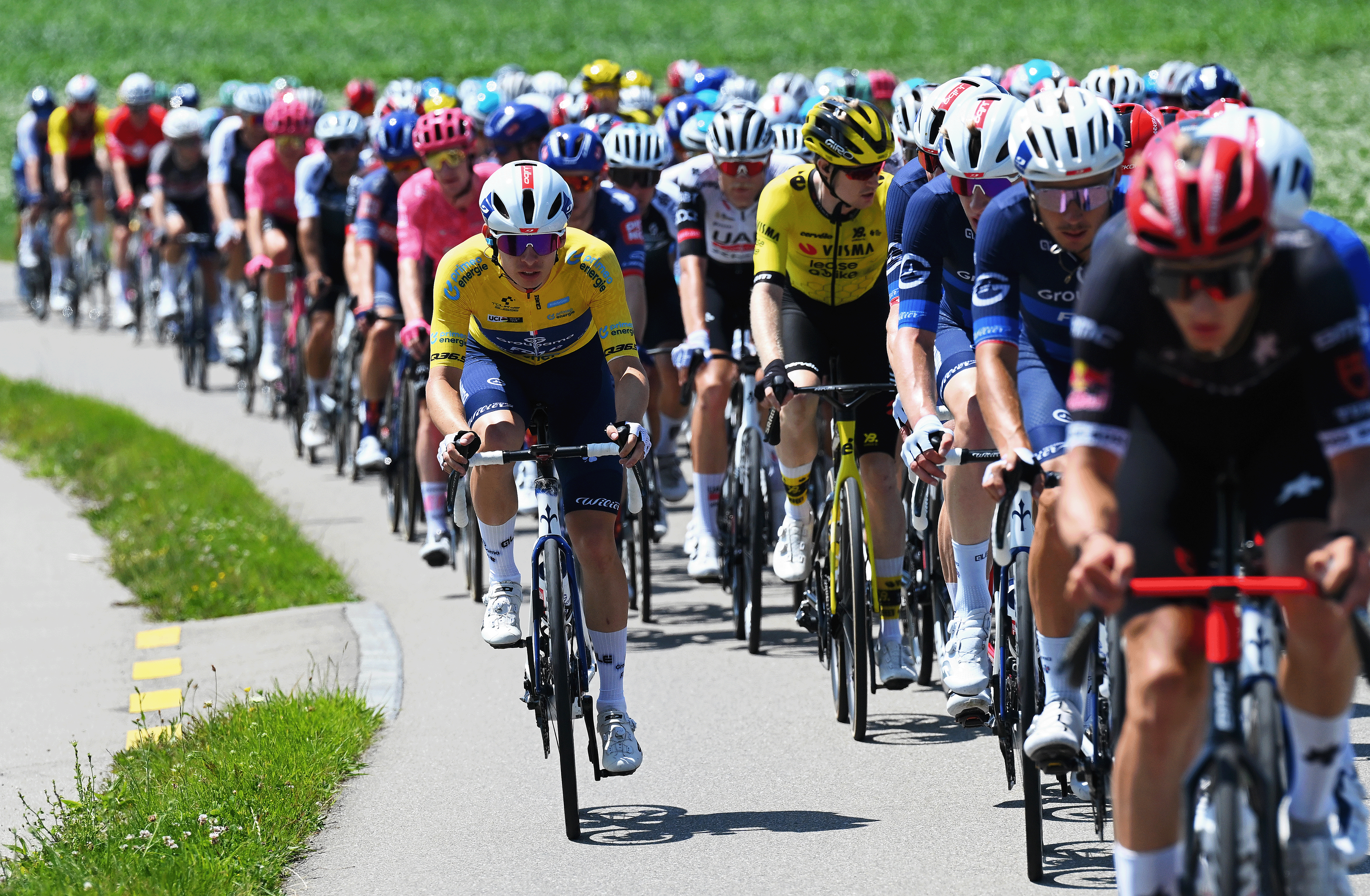 HEIDEN, SWITZERLAND - JUNE 17: Romain Gregoire of France and Team Groupama - FDJ - Yellow leader jersey competes during the 88th Tour de Suisse, Stage 3 a 195.6km stage from Aarau to Heiden 809m / #UCIWT / on June 17, 2025 in Heiden, Switzerland. (Photo by Tim de Waele/Getty Images)