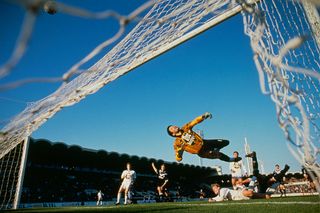 Auxerre's goalkeeper Bruno Martini saves a shot during a French Championship match of the 1990-1991 season against Bordeaux.