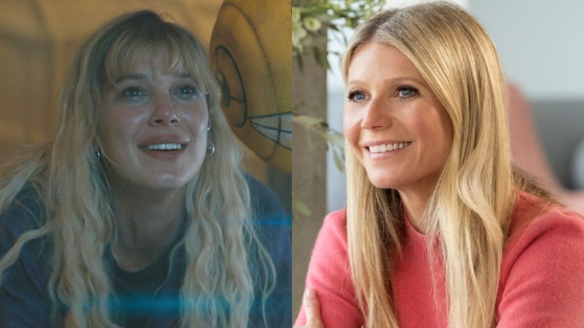 From left to right: Millie Bobby Brown smiling and crying in The Electric State and Gwyneth Paltrow smiling in The Goop Lab. 