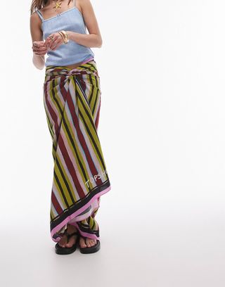 Topshop Sarong in Green and Wine Stripe