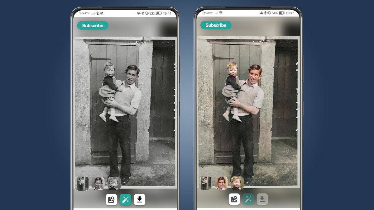 Two phones showing the Face Restore app fixing an old family photo