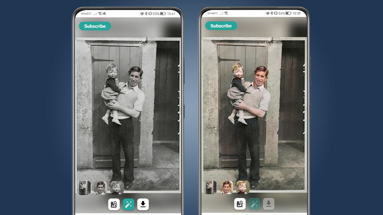 Two phones showing the Face Restore app fixing an old family photo
