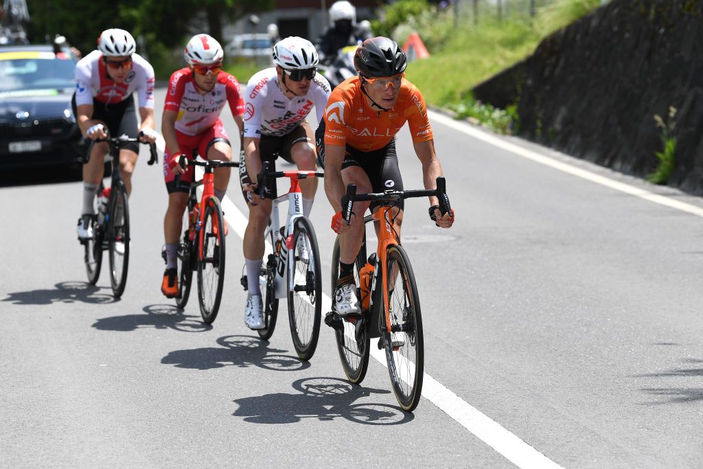 PFAFFNAU SWITZERLAND JUNE 08 Claudio Imhof of Switzerland and Team Switzerland Rmy Rochas of France and Team Cofidis Mathias Frank of Switzerland and AG2R Citren Team Benjamin King of United States and Team Rally Cycling in the Breakaway during the 84th Tour de Suisse 2021 Stage 3 a 185km stage from Lachen to Pfaffnau 509m UCIworldtour tds tourdesuisse on June 08 2021 in Pfaffnau Switzerland Photo by Tim de WaeleGetty Images