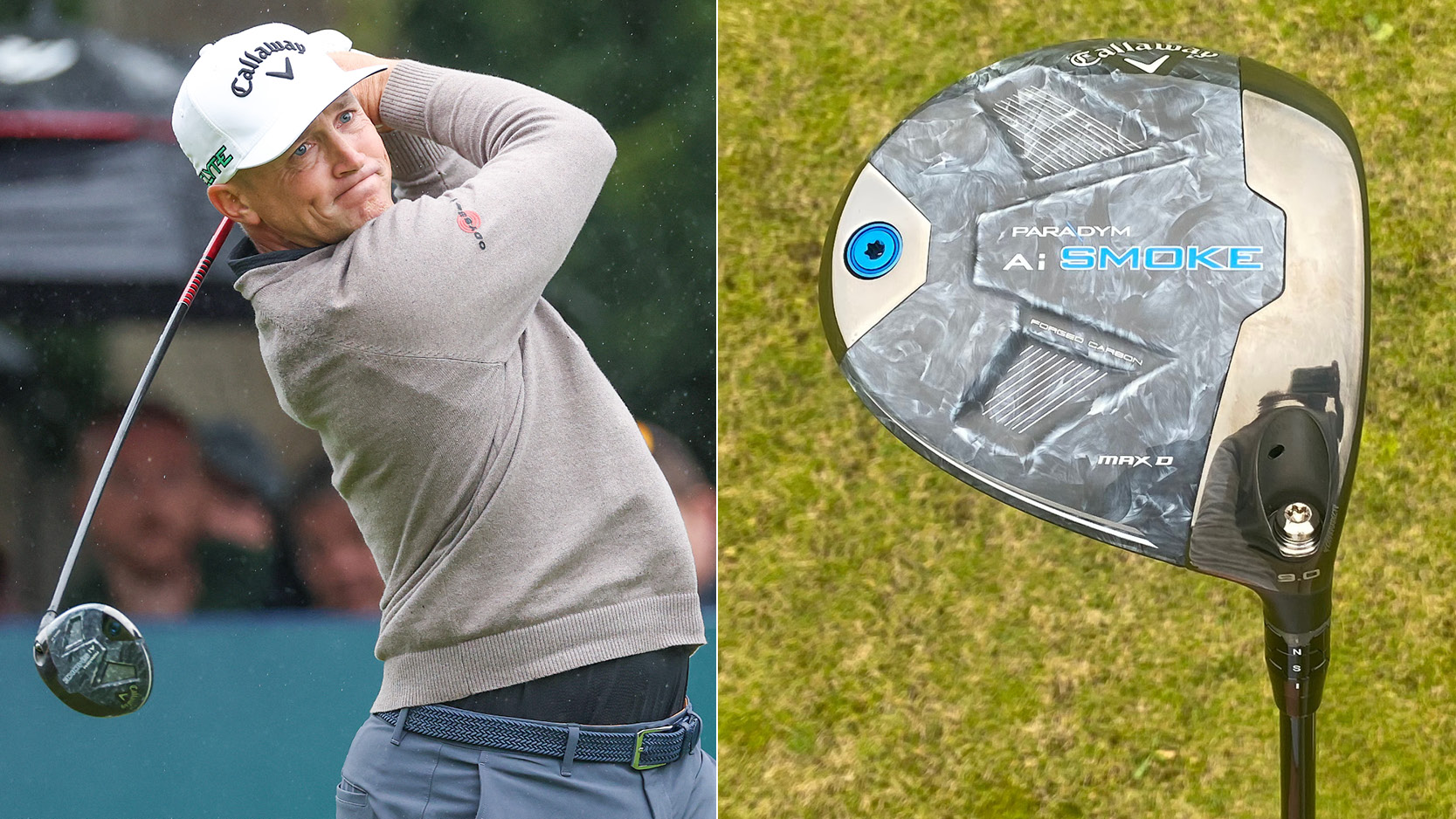 Alex Noren hits a driver off the tee, with a close up of a Callaway driver