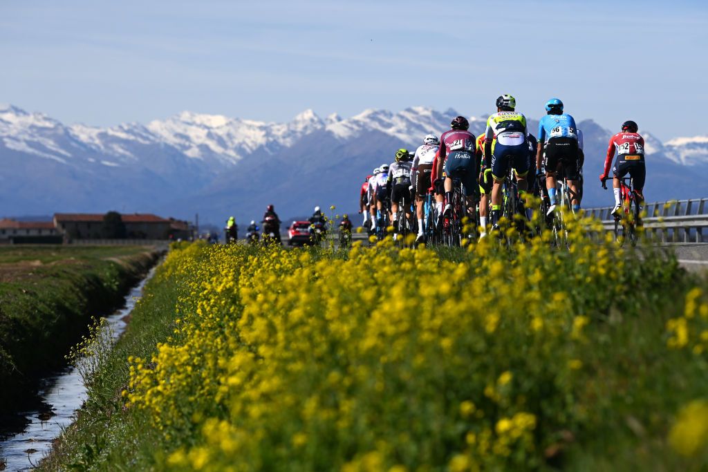 ORBASSANO ITALY MARCH 15 A general view of the peloton competing during the 104th MilanoTorino 2023 a 192km one day race from Rho to Orbassano MilanoTorino on March 15 2023 in Orbassano Italy Photo by Tim de WaeleGetty Images