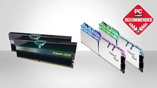 An image of the best DDR4 RAM for gaming 2022 on a grey background with a PC Gamer recommended badge.