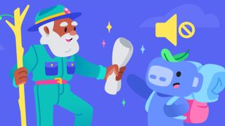 Discord key art showing a man handing a a scroll to the Discord mascot, but there's a mute symbol over the mascot's head.