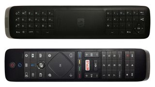 A full QWERTY keyboard on the back of the remote makes entering text a much less painful experience
