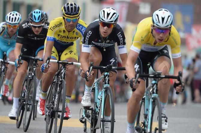 Daniele Bennati (Tinkoff-Saxo) on the wheel of Matteo Trentin (Omega Pharma)