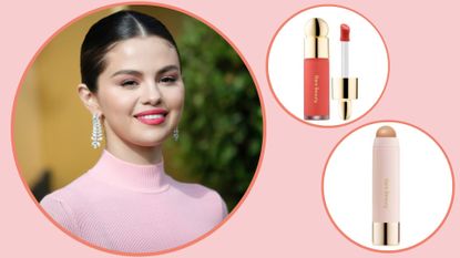 Selena Gomez smiles, wearing red lipstick and a pink top/ in a pink template with her Rare Beauty soft pinch Blush and Rare Beauty Bronzer stick