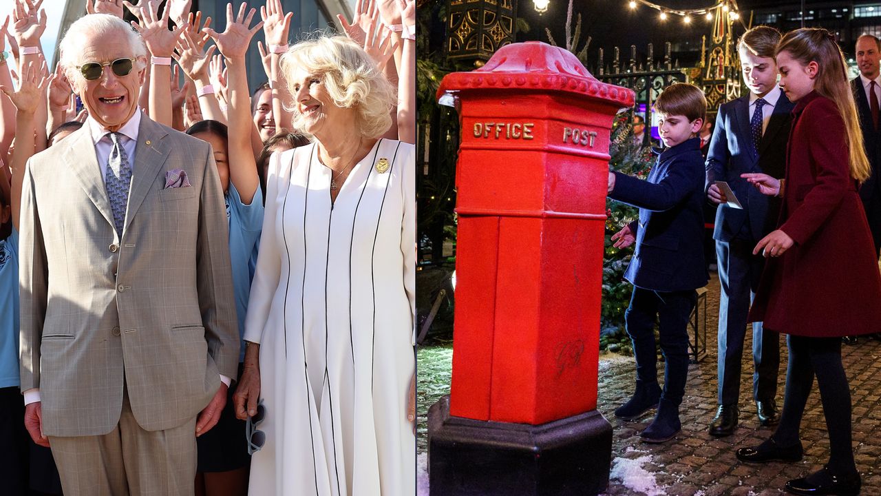 King Charles and Queen Camilla smiling in front of a crowd of people and a photo of Prince Louis, Prince George and Princess Charlotte standing in front of a mailbox outside