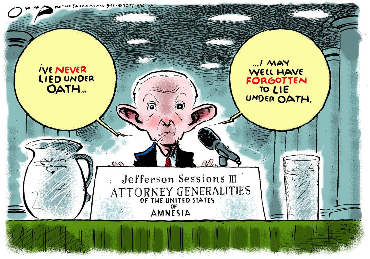 Political cartoon U.S. Jeff Sessions Russia recollection