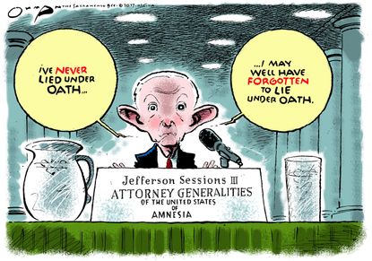 Political cartoon U.S. Jeff Sessions Russia recollection
