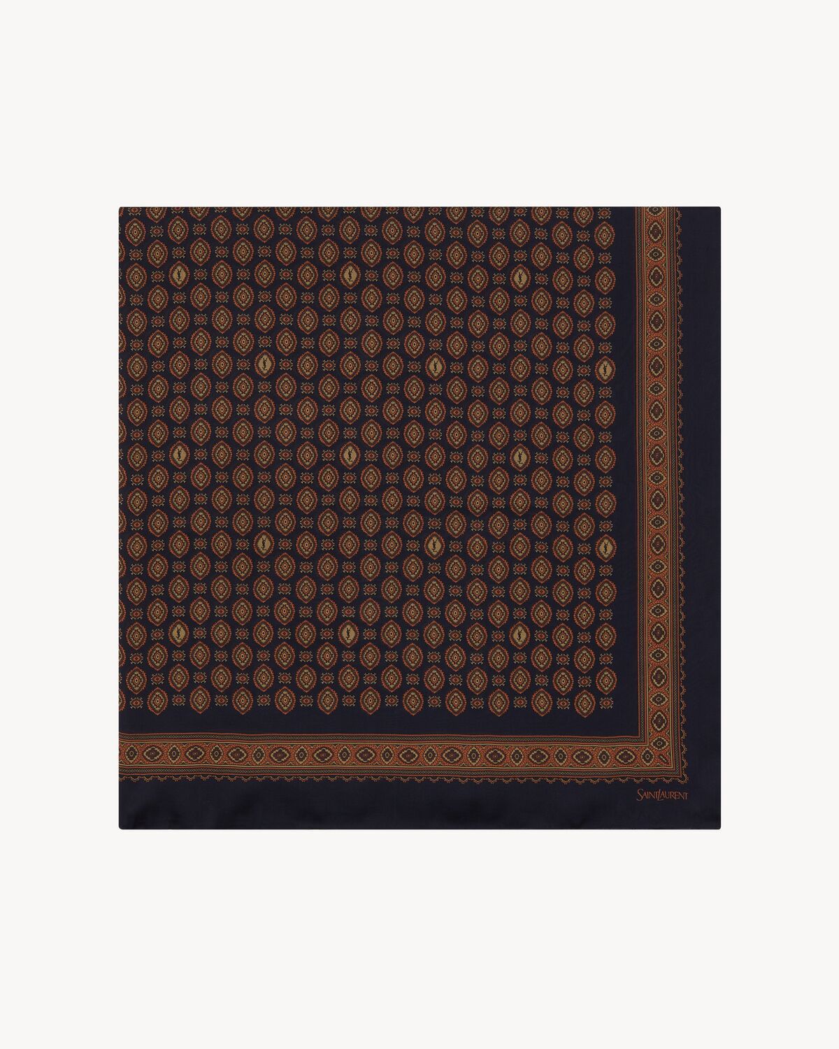 Large Square Scarf in Medallion Silk Charmeuse in Navy, Orange and Beige