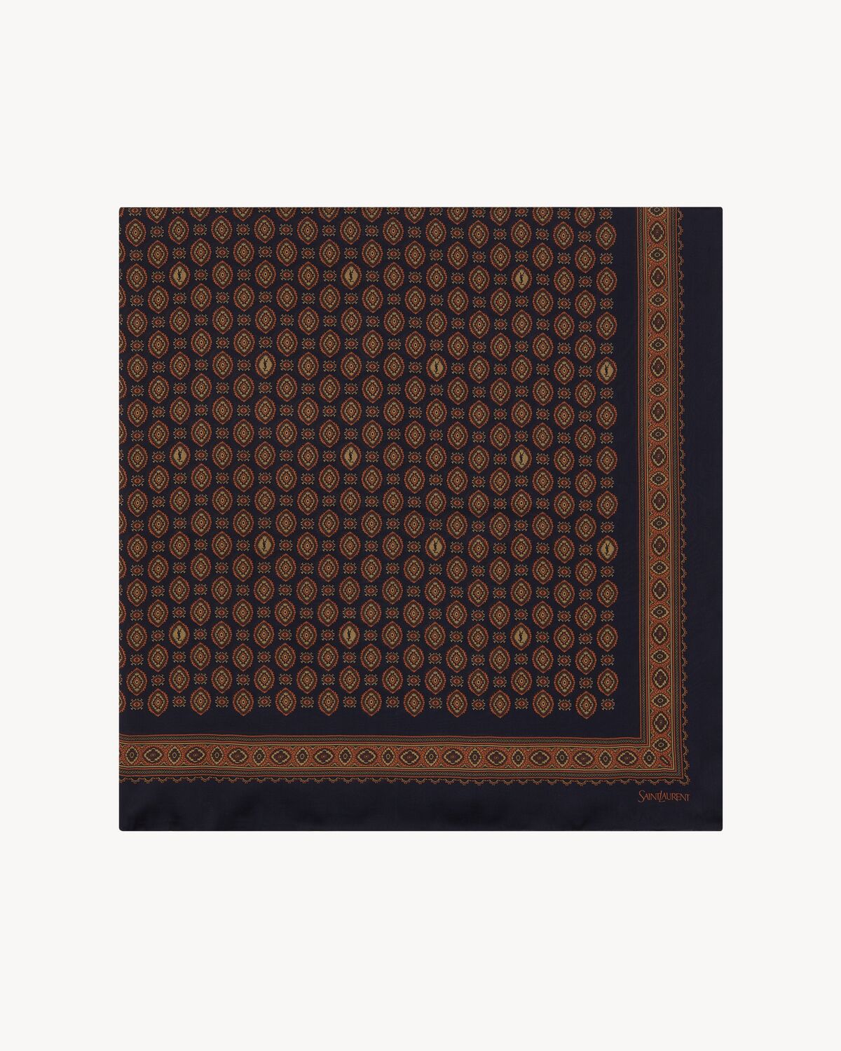 Large Square Scarf in Medallion Silk Charmeuse in Navy, Orange and Beige