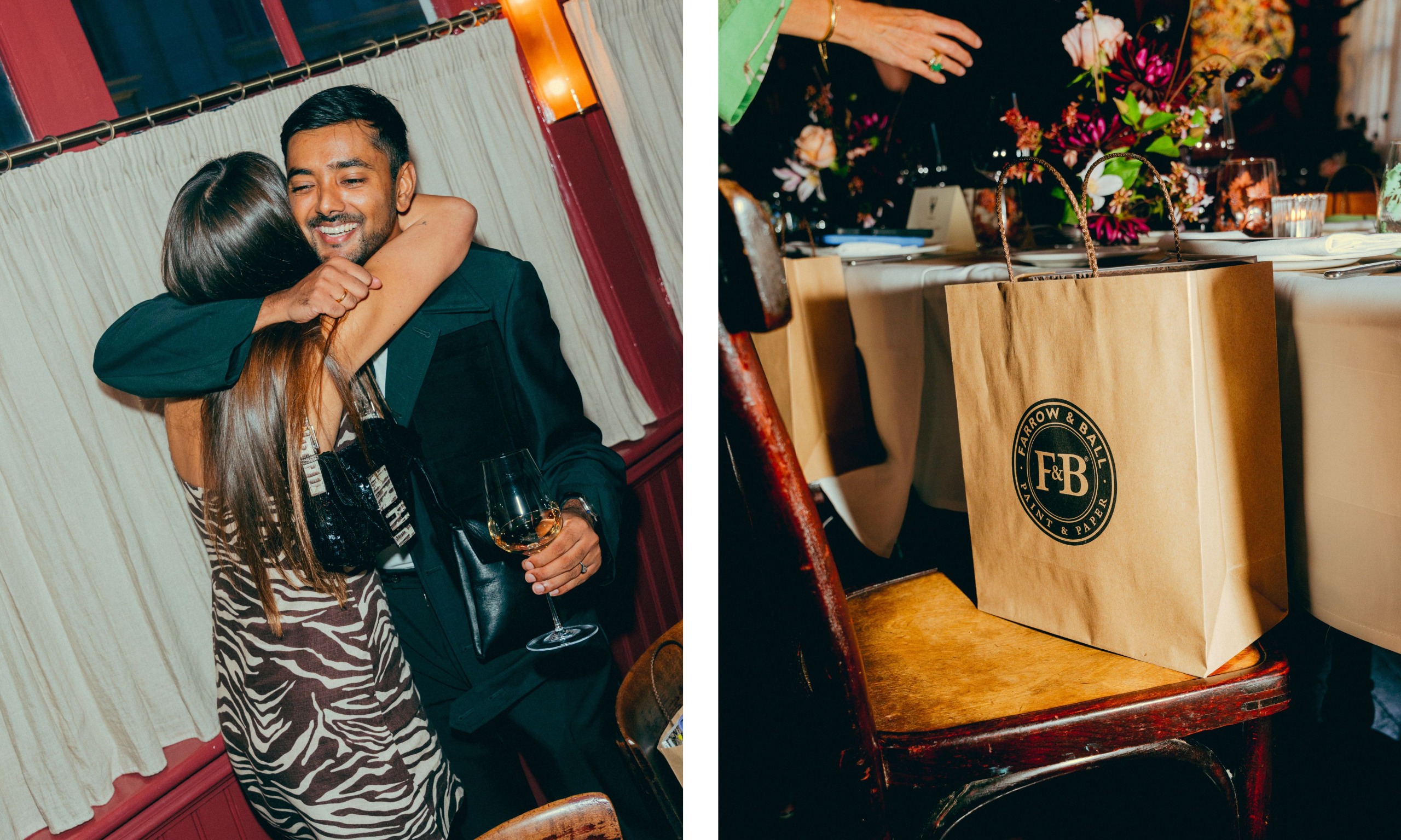 two shots next to each other. On the left, Ananth Ramaswamy hugs Jasmine Fisher. On the right, a Farrow and Ball goodie bag on a chair