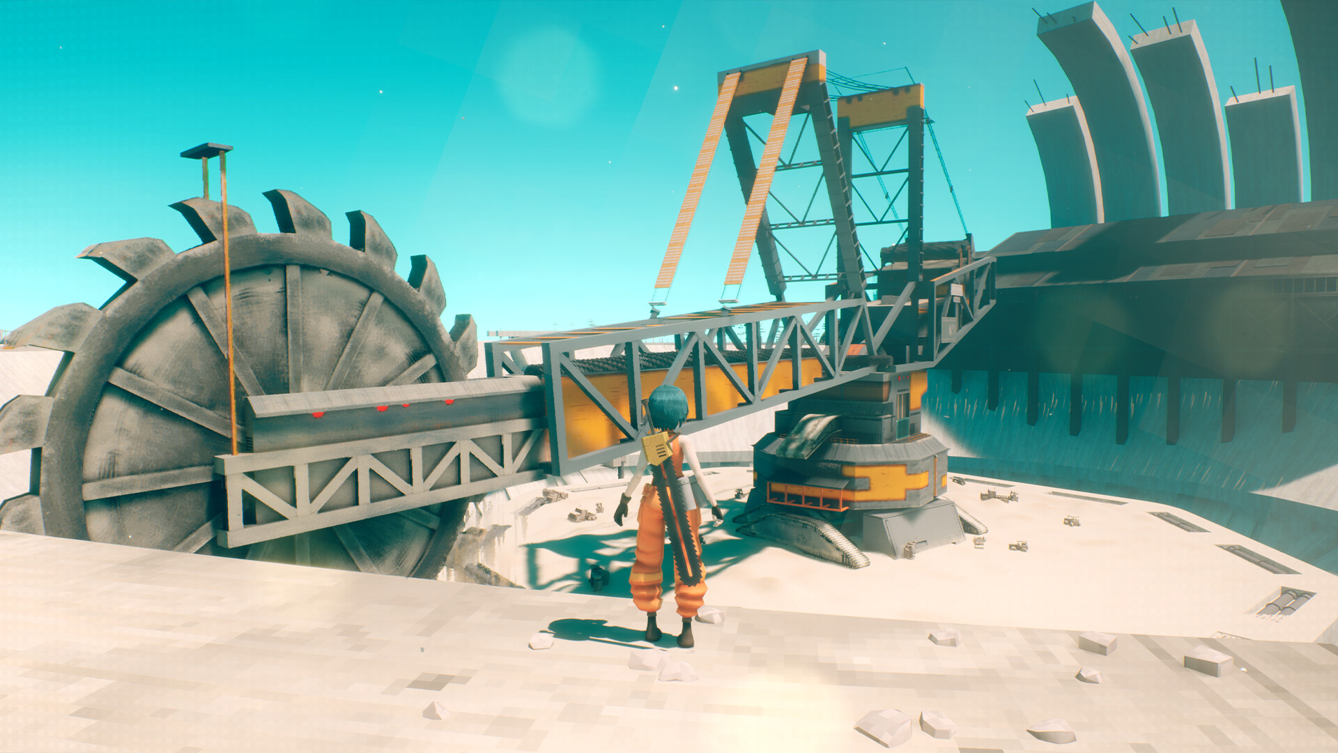 P looks out over a massive piece of machinery in Motorslice.