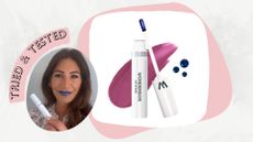 a woman wearing wunderskin lip stain, before peeling it off, holding a tube of the product, beside an image of the stain with a swatch of the colour