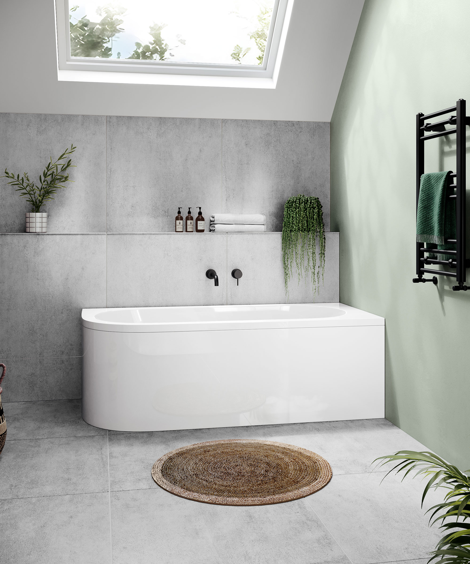 modern bathroom with white bath and large format grey tiles