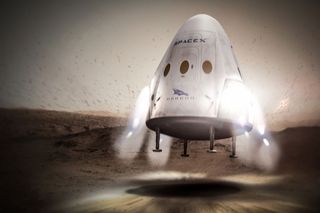 An artist's illustration showing SpaceX's "Red Dragon" capsule setting down on Mars.