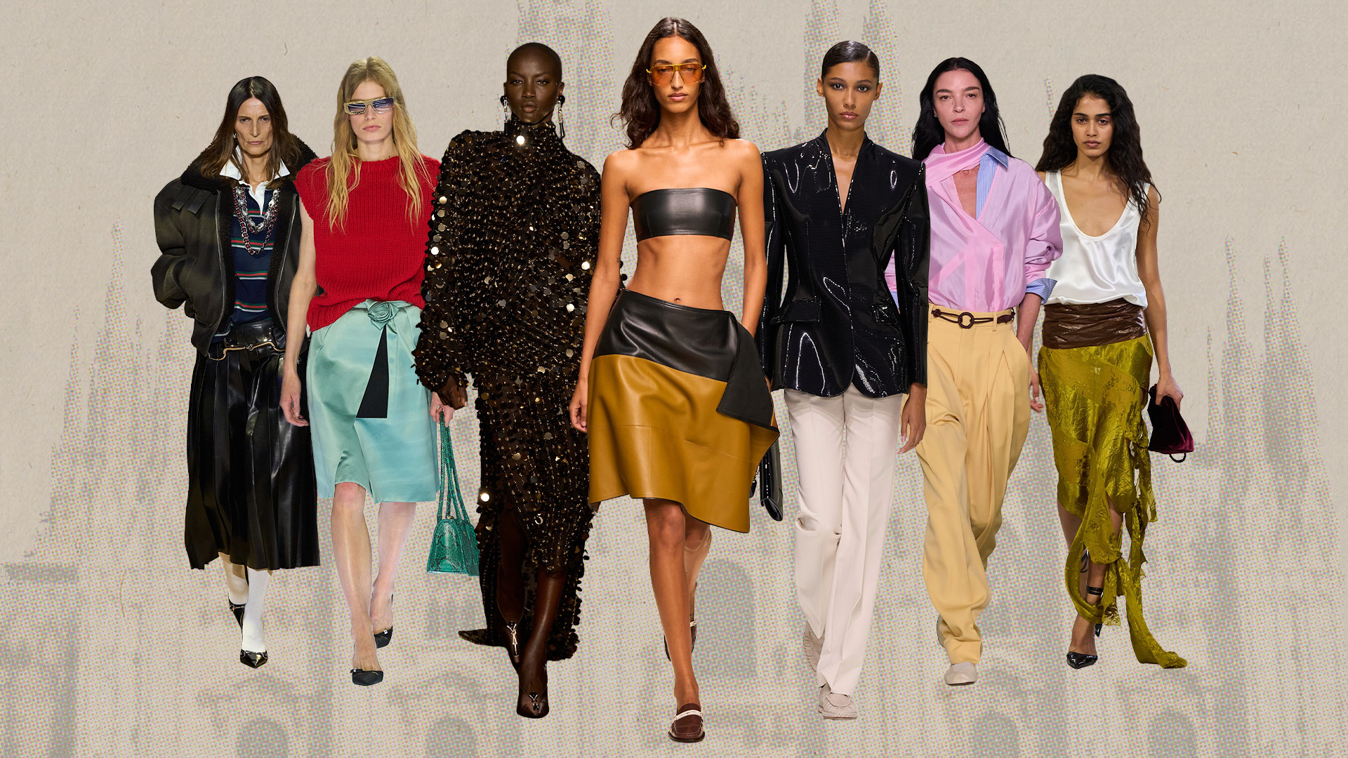 a collage of runway images of the major trends from the Milan Fashion Week spring/summer 2027 shows