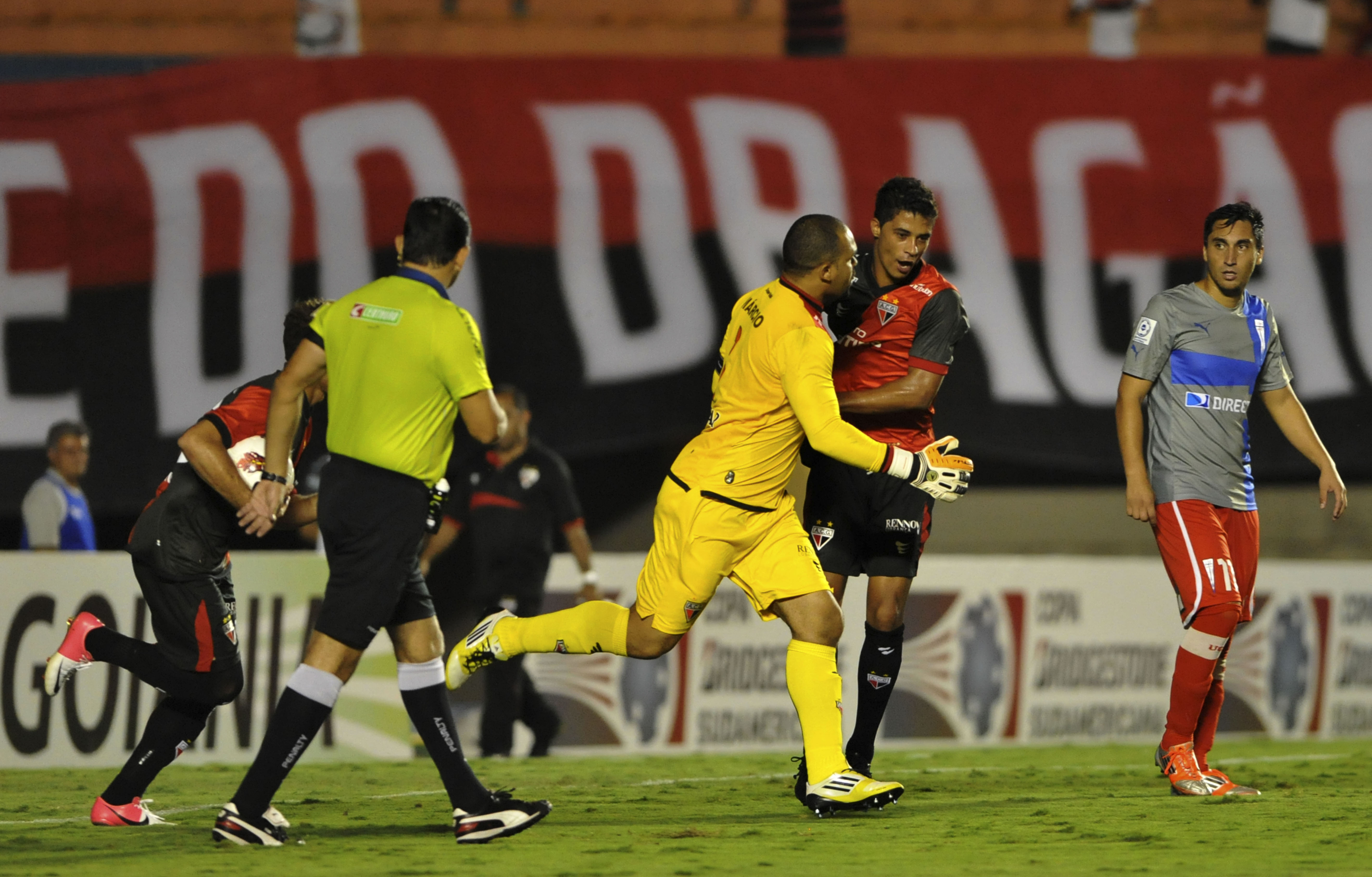 Goias goalkeeper Marcio celebrates a goal for Atletico Goianiense against Universidad Catolica in the Copa Sudamericana in 2012.