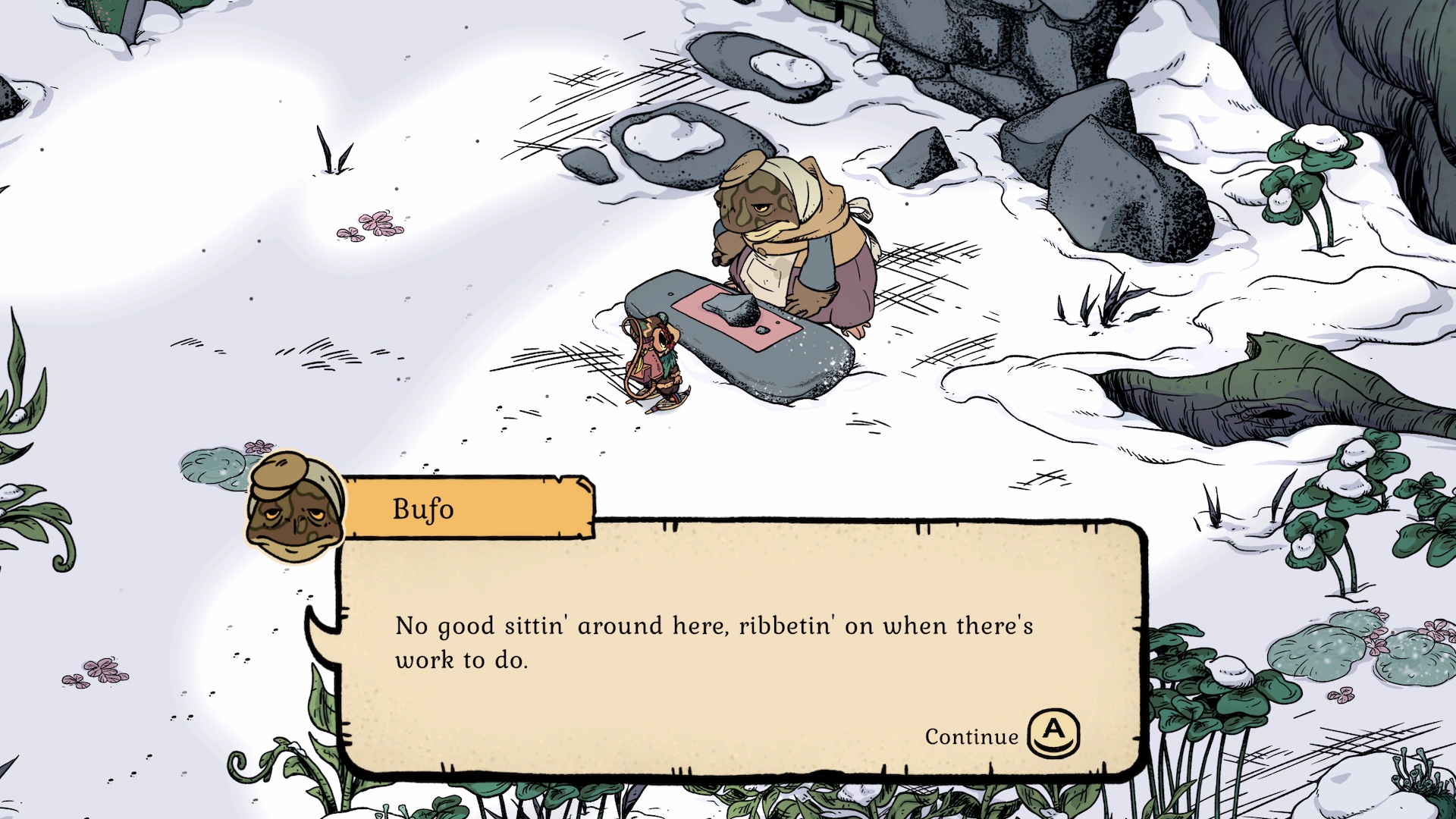 Winter Burrow screenshot showing the mouse speaking to a toad called Bufo who says &amp;quot;No good sittin&#039; around here, ribbertin&#039; on when there&#039;s work to do&amp;quot;
