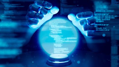 hands around digital orb, robotic fortune teller concept 