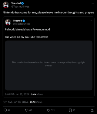 A tweet showcasing a copyright claim, with the words: "Nintendo has come for me, please leave me in your thoughts and prayers." Written upon it.