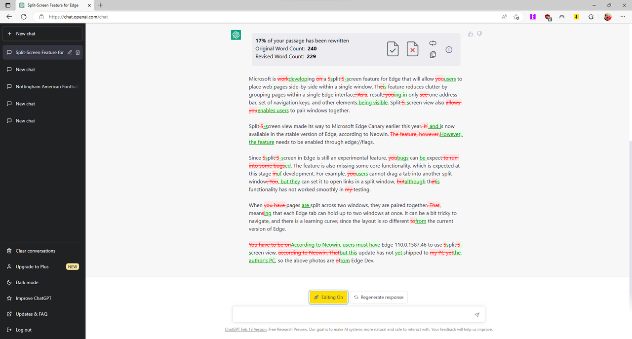 Examples of editGPT tracking changes made by ChatGPT
