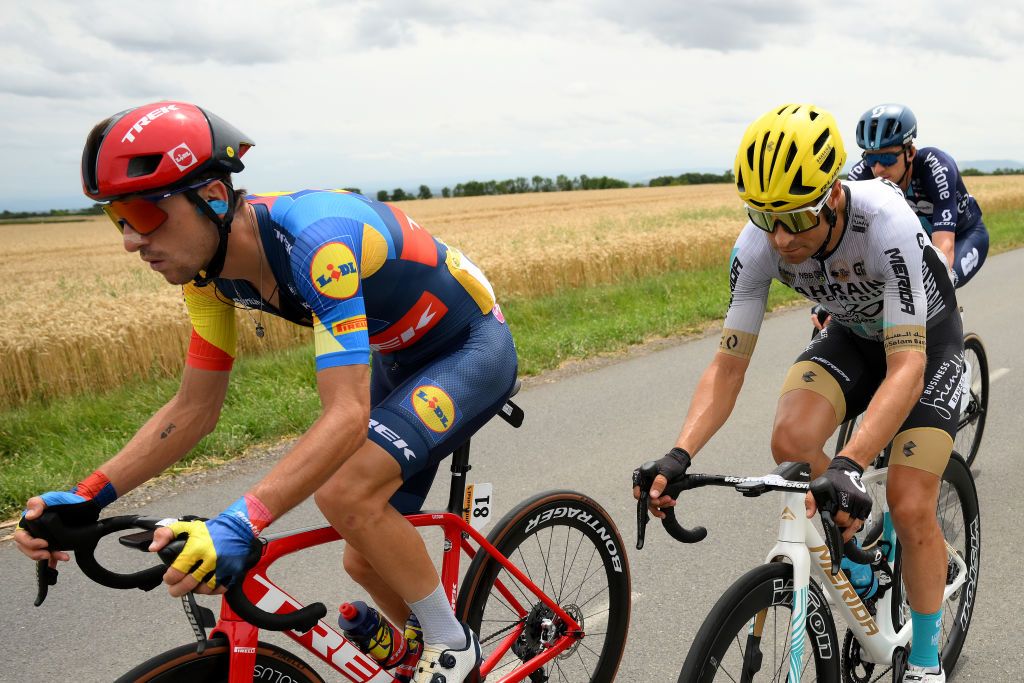 MOULINS FRANCE JULY 12 LR Giulio Ciccone of Italy and Team LidlTrek and Mikel Landa of Spain and Team Bahrain Victorious compete during the stage eleven of the 110th Tour de France 2023 a 1798km from ClermontFerrand to Moulins UCIWT on July 12 2023 in Moulins France Photo by David RamosGetty Images